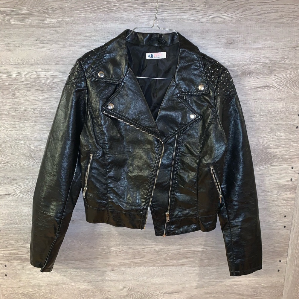 H&M Black Faux Leather Studded Moto Jacket